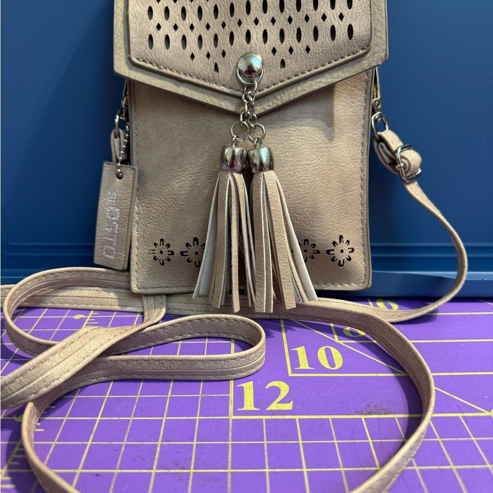 seOsto Tan Crossbody Bag with Geometric Cutouts and Tassels